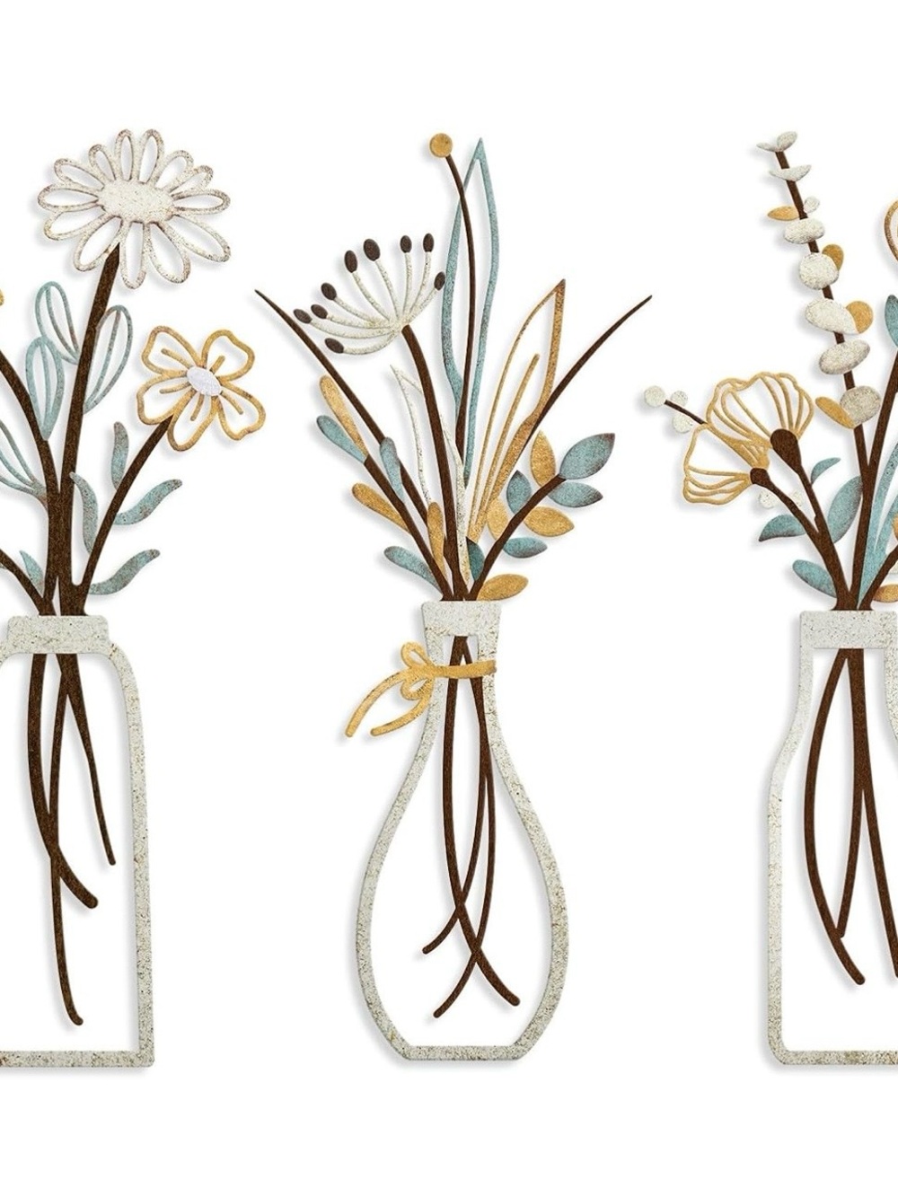 Floral Metal Wall Art Trio in White, Gold & Teal - Home Accents